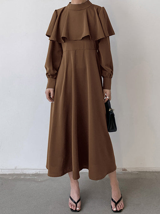 Ruffle Waist Long Mock Tied A-Line Elegant Trim Neck Coffee