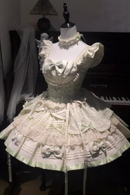 Sleeveless Ruffle Bowknot Lace Sweet Ballet Lolita JSK Dress in Mint Milk Green