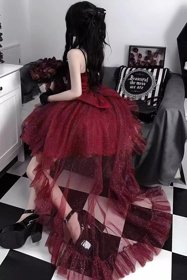Crimson Gorgeous Lolita JSK Dress with Shiny Bow and Train