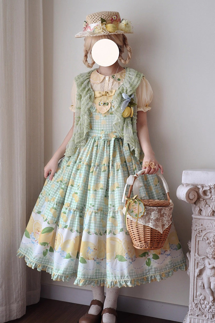 Emerald Lemon Chicken Printed Ruffle Bow Lace Long JSK Dress