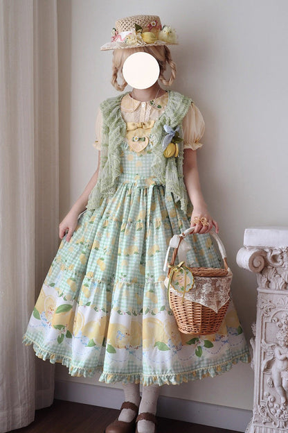 Emerald Lemon Chicken Printed Ruffle Bow Lace Long JSK Dress
