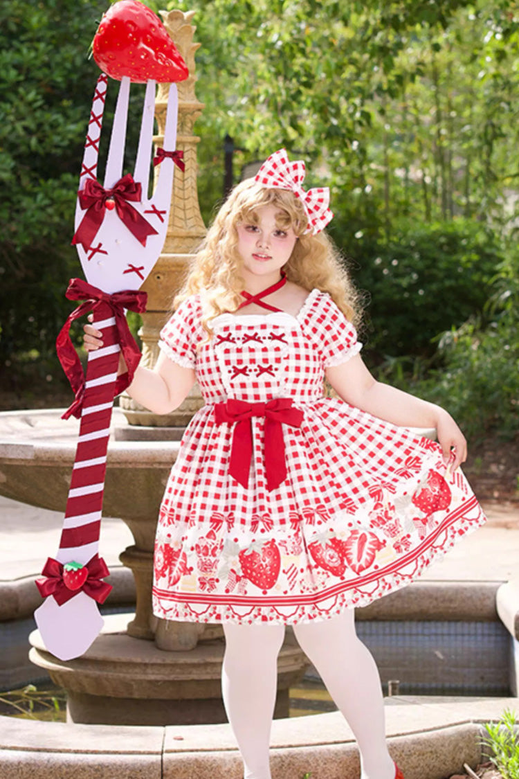 Crimson Sweet Plus Size Lolita Dress with Strawberry Plaid and Bow