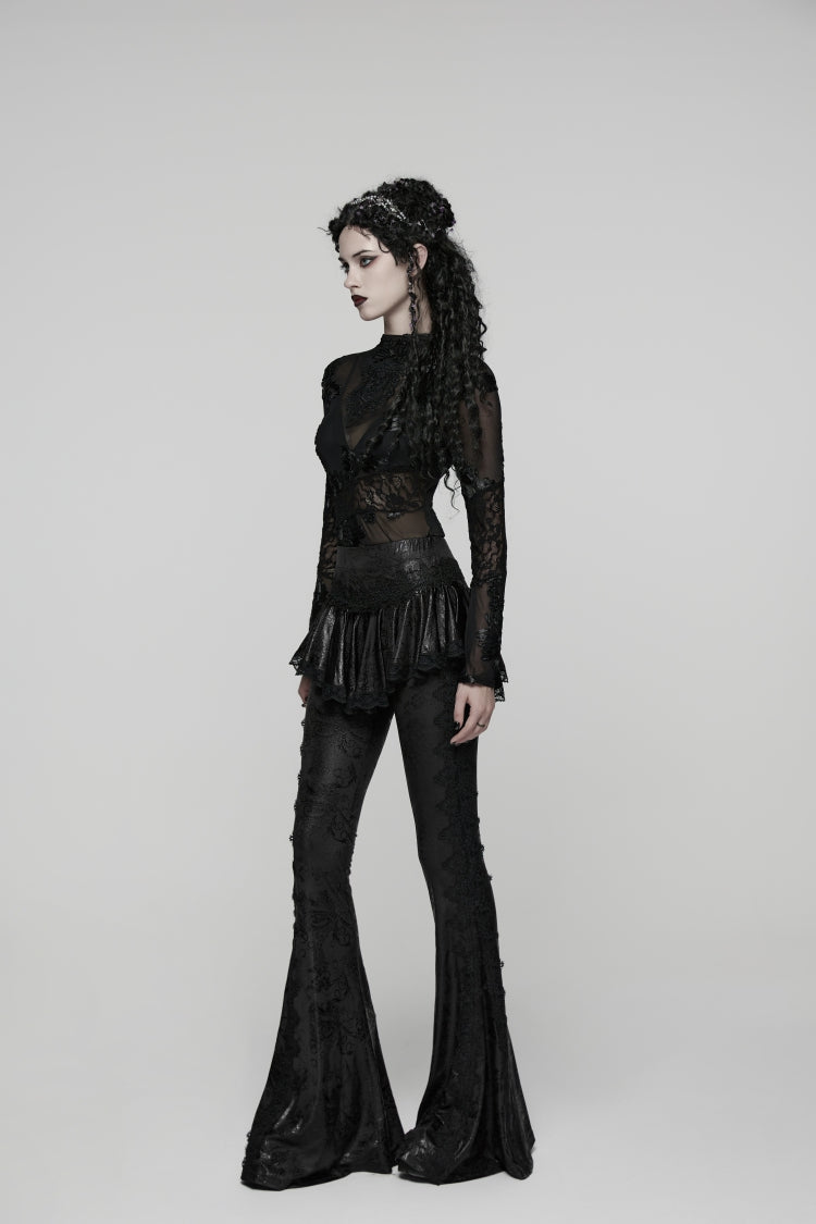 Slim Faux Two-Piece Flared Pants with Lace Accents