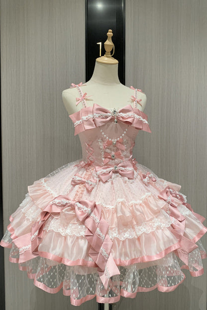 Blush Sleeveless Triple-Tier Ruffle Bow Lace Ballerina JSK - Gem Love