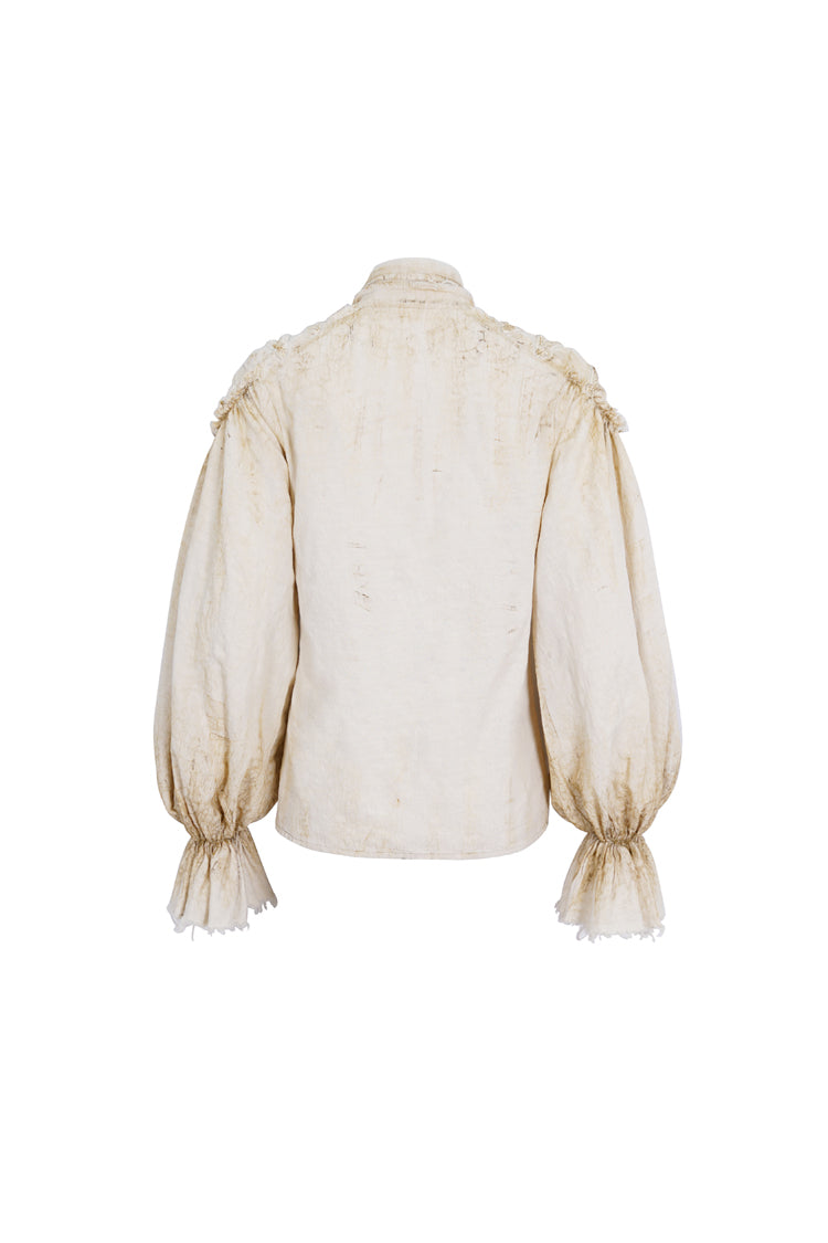 Punk Women's Blouse with Lantern Sleeves, Stand Collar & Printed Lace