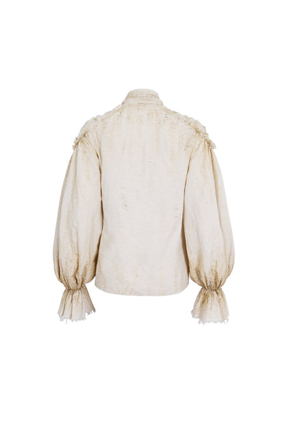 Punk Women's Blouse with Lantern Sleeves, Stand Collar & Printed Lace