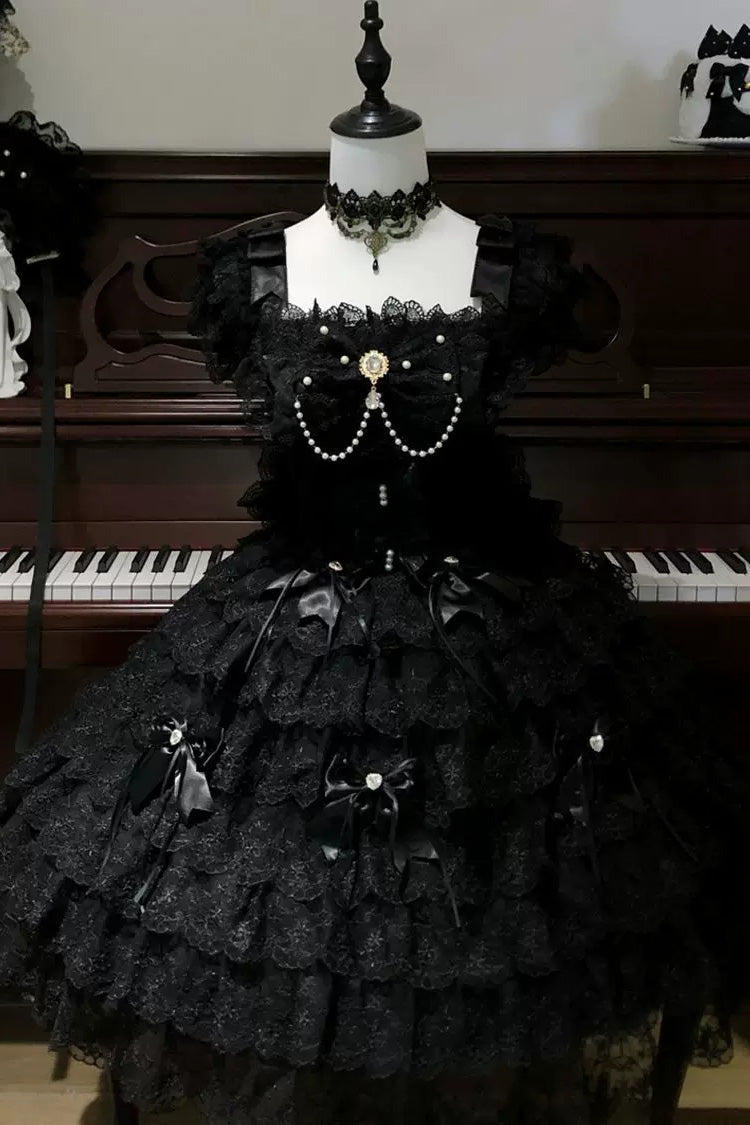 Pearl-Decorated Gothic JSK Dress with Square Collar and Bow in Black