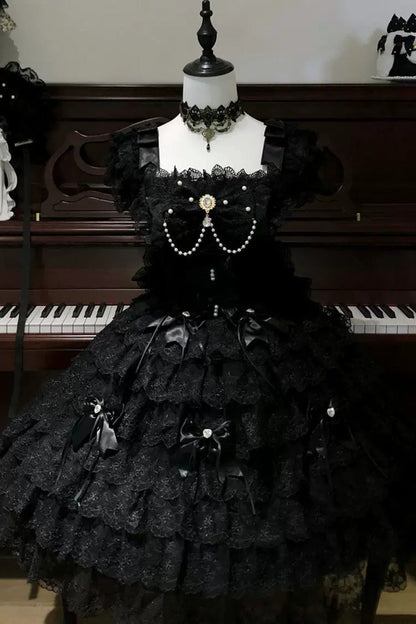 Pearl-Decorated Gothic JSK Dress with Square Collar and Bow in Black