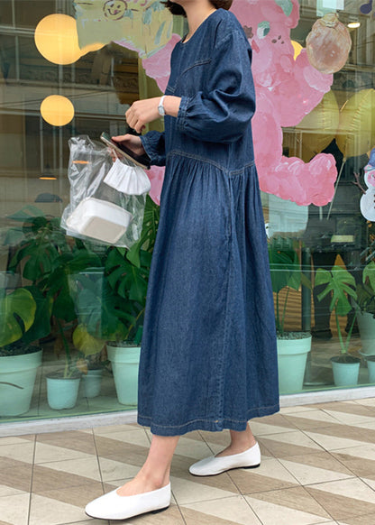 Casual Denim Blue O-Neck Wrinkled Patchwork Long Dress Spring TT1049