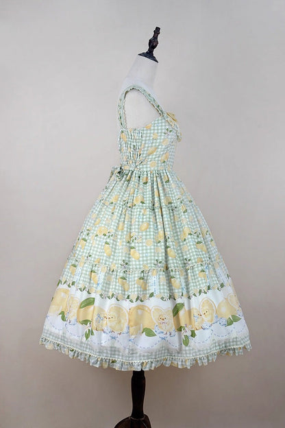 Emerald Lemon Chicken Printed Ruffle Bow Lace Long JSK Dress