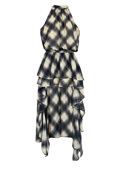 Asymmetric Khaki Plaid Neck Sleeveless Top High-Low Uniaue Halter