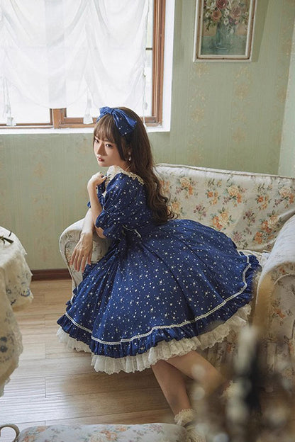 Midsummer Galaxy Star Print Short Sleeve Ruffled Bow Lolita OP Gown