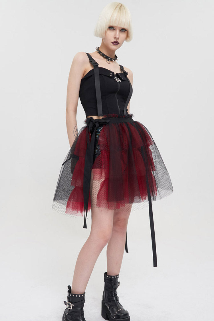 Crimson & Charcoal Punk Mesh Ruffle Rocker Mini Skirt