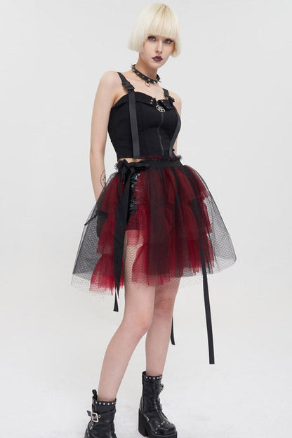 Crimson & Charcoal Punk Mesh Ruffle Rocker Mini Skirt