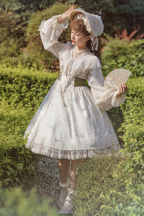 Floral Print Sweet Lolita OP Dress with Ruffled Lantern Sleeves & Lace Round Collar, Cream