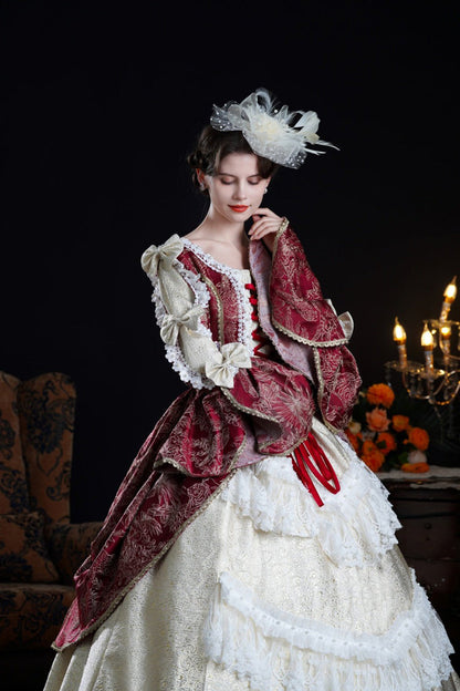 Victorian Palace Dress with Hime Sleeves and Lace-Up Front in Wine/Ivory - NostalgicElegance