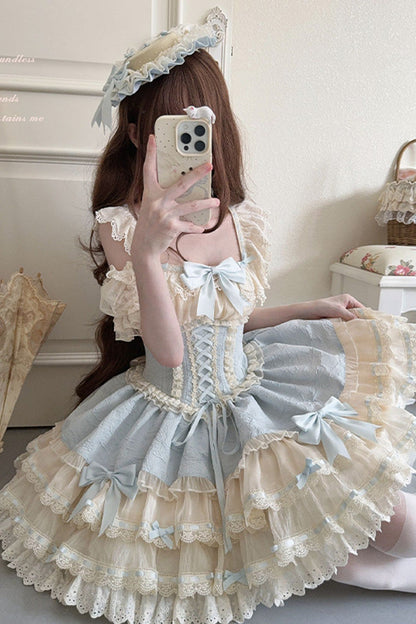 Flory Butterfly Double Ruffle Bow Lace-Up Ballet Lolita JSK