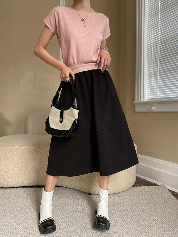 Pink Sleeve Top Short Knit Boat Loose Neck Stylish