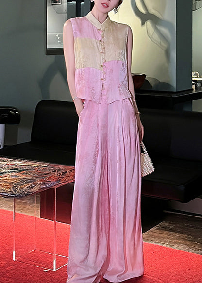 French Pink Button Waistcoat And Wide Leg Pants Silk Two Piece Set Sleeveless QP041