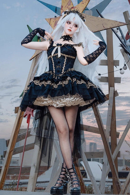 Slim Gothic Ballet JSK Dress with Multi-Layered Ruffles and Lace in Black