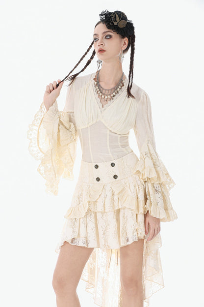 Steampunk Women's Blouse with Trumpet Sleeves & Layered Lace-Up in Cream