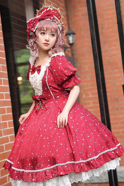 Midsummer Galaxy Star Print Short Sleeve Ruffled Bow Lolita OP Gown