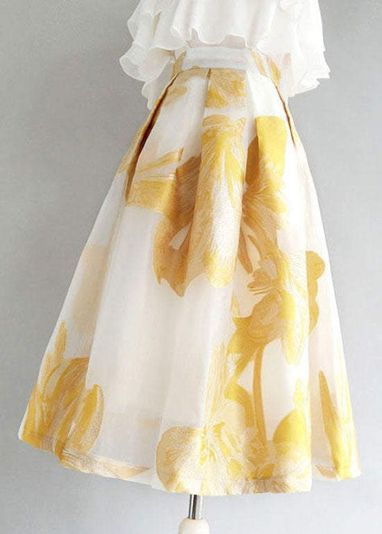 Women Yellow Wrinkled Patchwork Embroidered Tulle Skirt Summer AZ1038