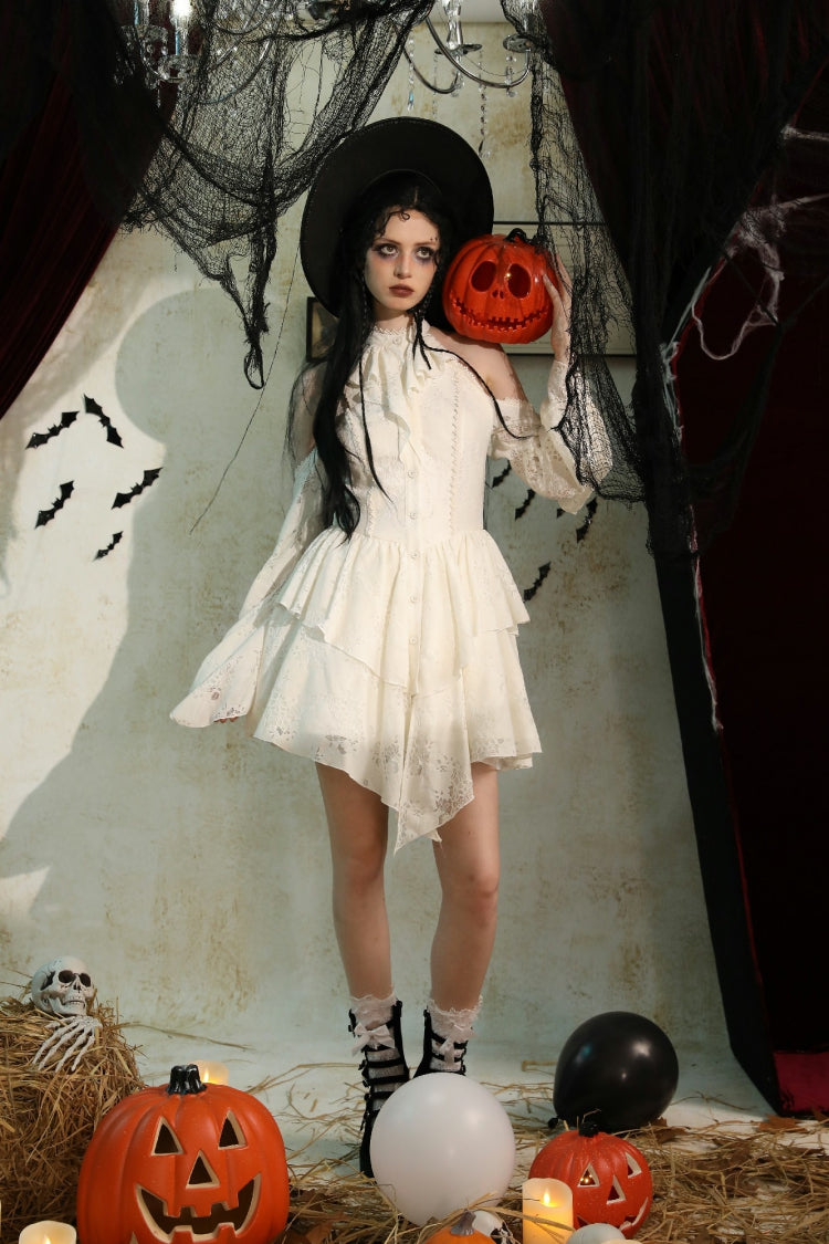 Steampunk Women's Dress with Halter Off-Shoulder Lapel Collar & Flare Sleeves, Cream