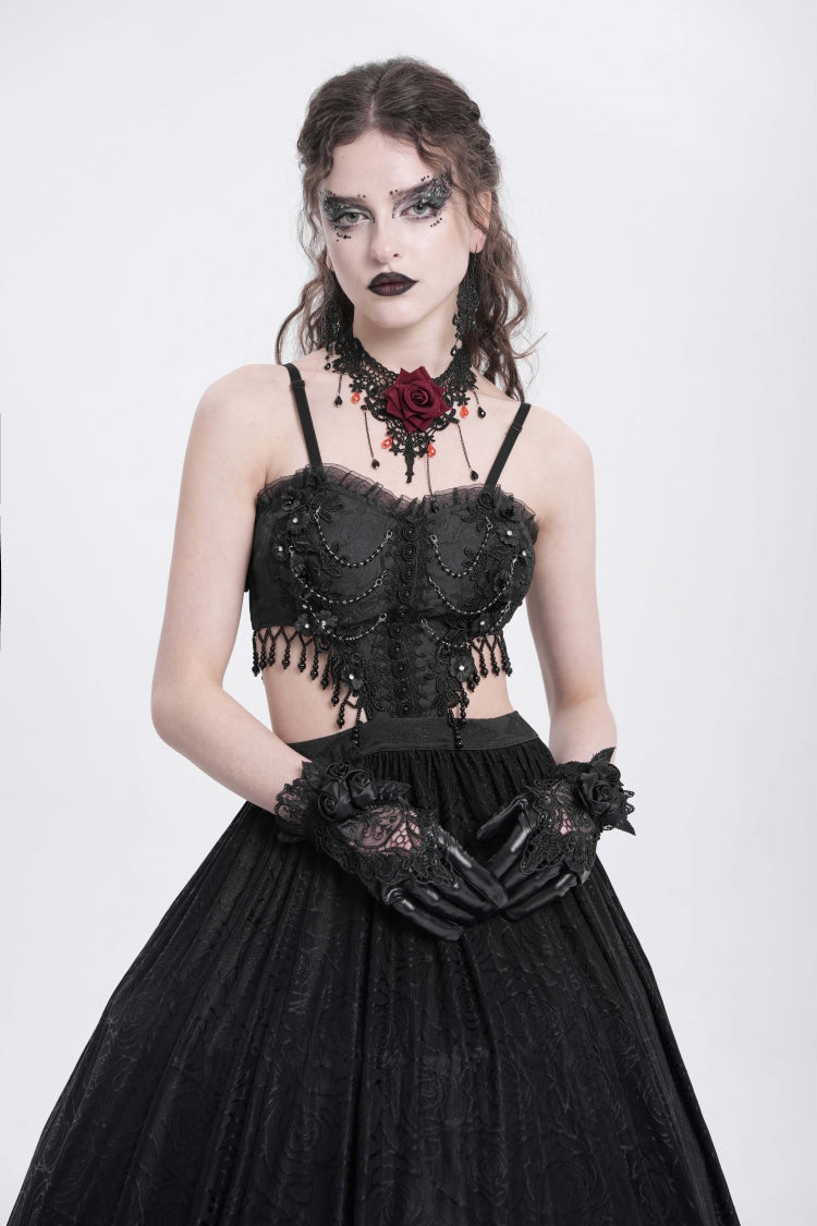 Women's Gothic Party Slip Dress with Floral Embroidery and Lace Ripped in Black Jacquard