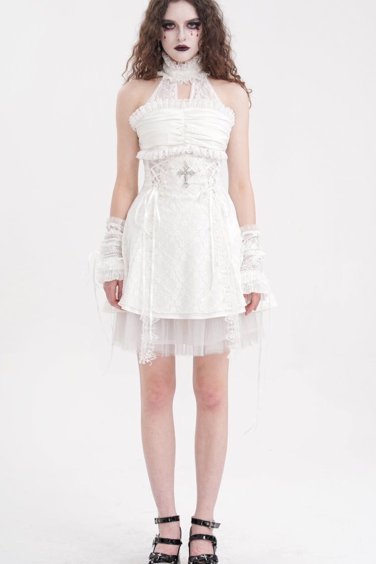 Ivory Cross Halter Neck Sleeveless Ruffled Lace Gothic Gown
