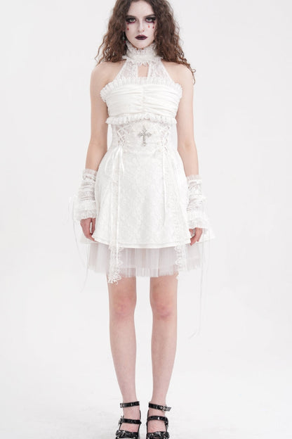 Ivory Cross Halter Neck Sleeveless Ruffled Lace Gothic Gown
