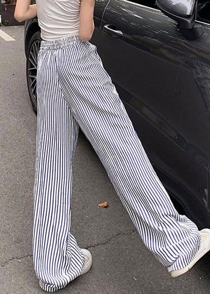 Pantalon d'été en coton à taille élastique avec poches à rayures bleues NN003 