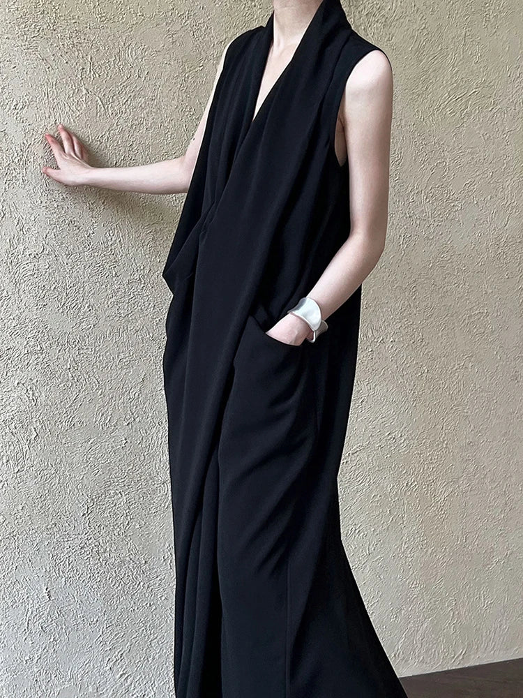 Pockets with Draped Sleeveless Dress Elegant Midi