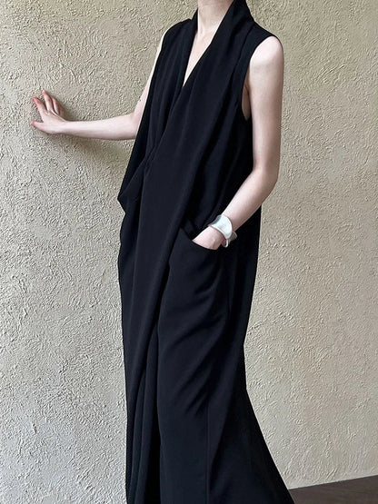 Pockets with Draped Sleeveless Dress Elegant Midi