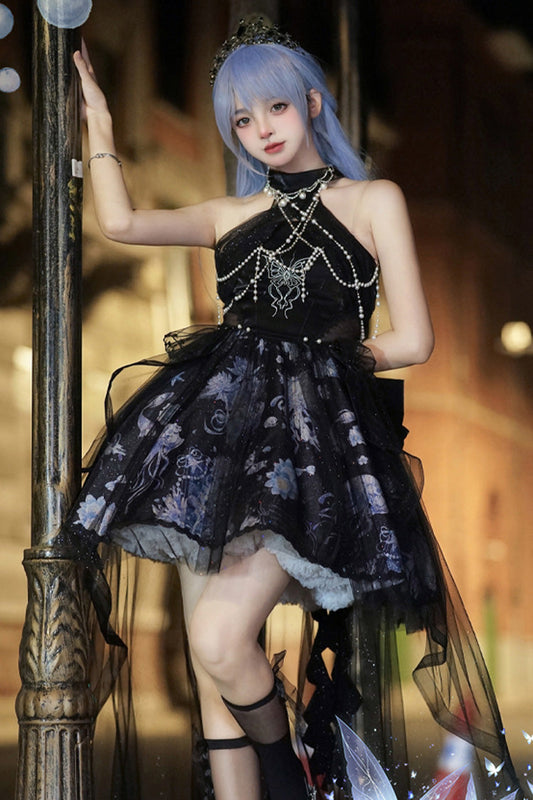 Azure Deep Sea Jellyfish Halter Sleeveless Print Embroidery Bow Lace Elegant Lolita Jumper Dress