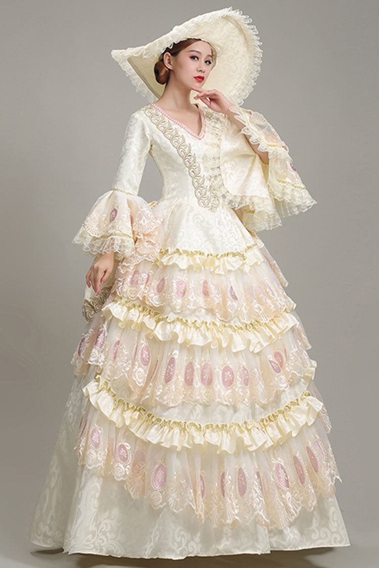 Victorian Lolita Prom Tiered Gown with Hime Sleeves, Lace & Floral Ruffles, Cream
