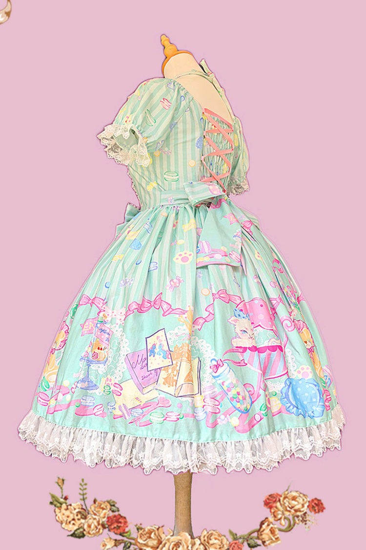 Emerald Macaron Dolly Square-Collar Lantern-Sleeve Bow Printed Dress
