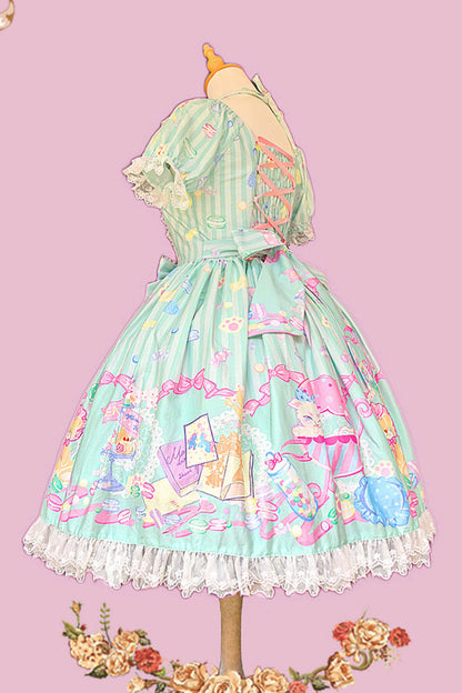 Emerald Macaron Dolly Square-Collar Lantern-Sleeve Bow Printed Dress