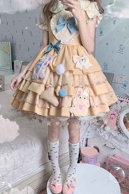 Bear Cheese Multi-Layer Print Ruffle Bow Sweet Lolita Dress