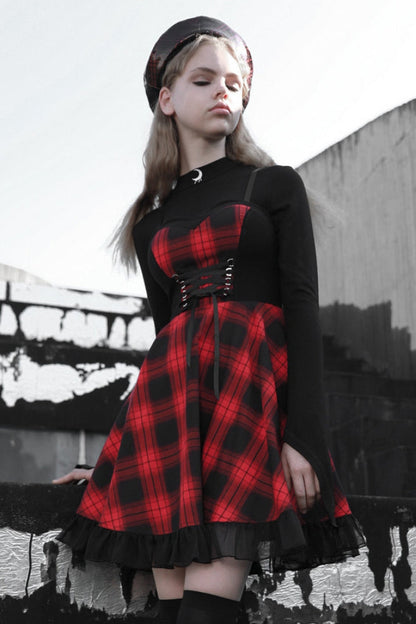 Crimson & Charcoal Tartan Ruffle Lace Punk Dress