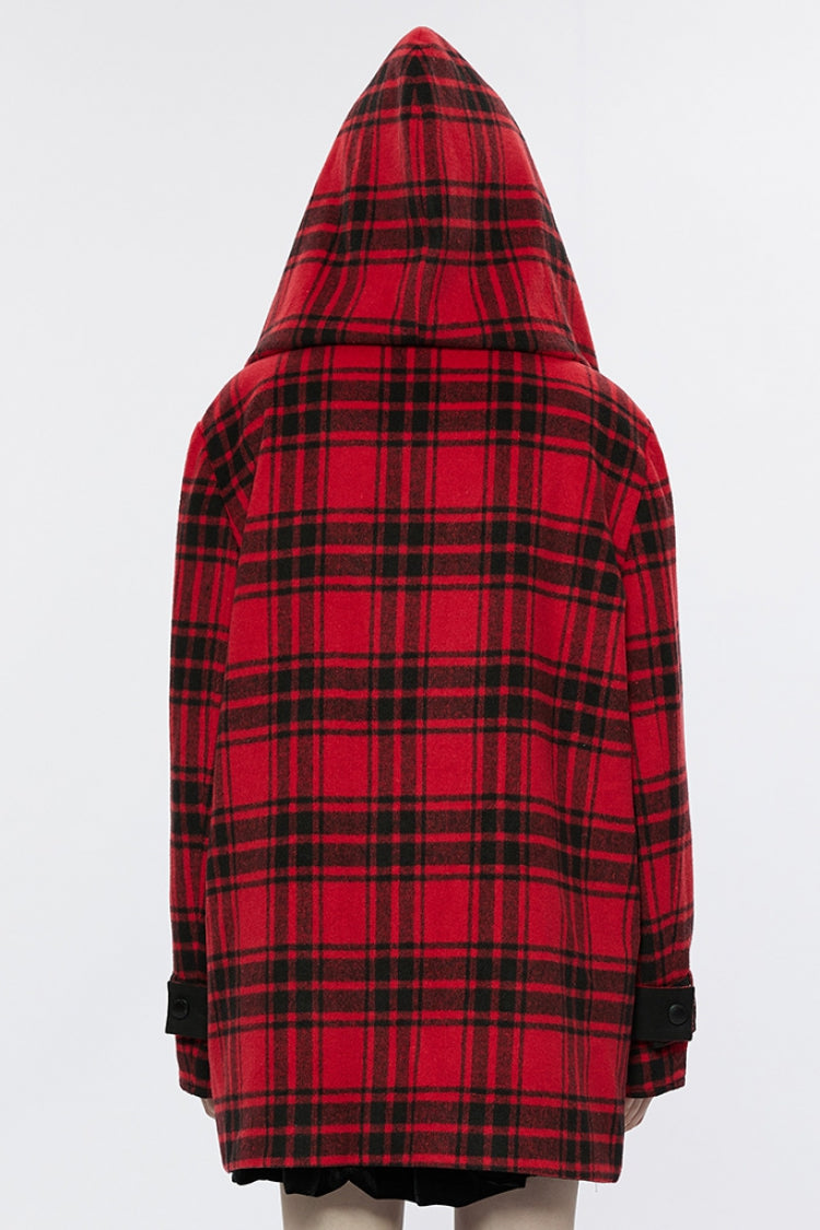 Crimson & Charcoal Tartan Hooded Punk Campus Jacket
