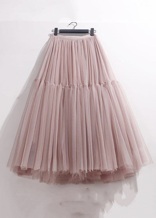 Tulle Patchwork High Waist Skirt Loose Summer Pleated Pink