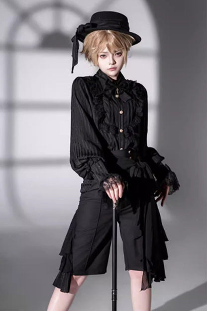 Medieval Ouji Lolita Blouse and Knee-Length Shorts Set in Black