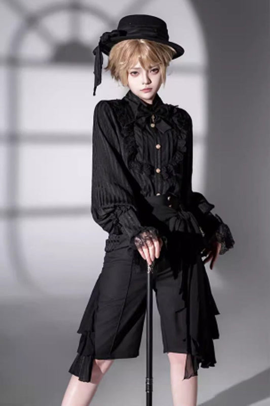 Medieval Ouji Lolita Blouse and Knee-Length Shorts Set in Black