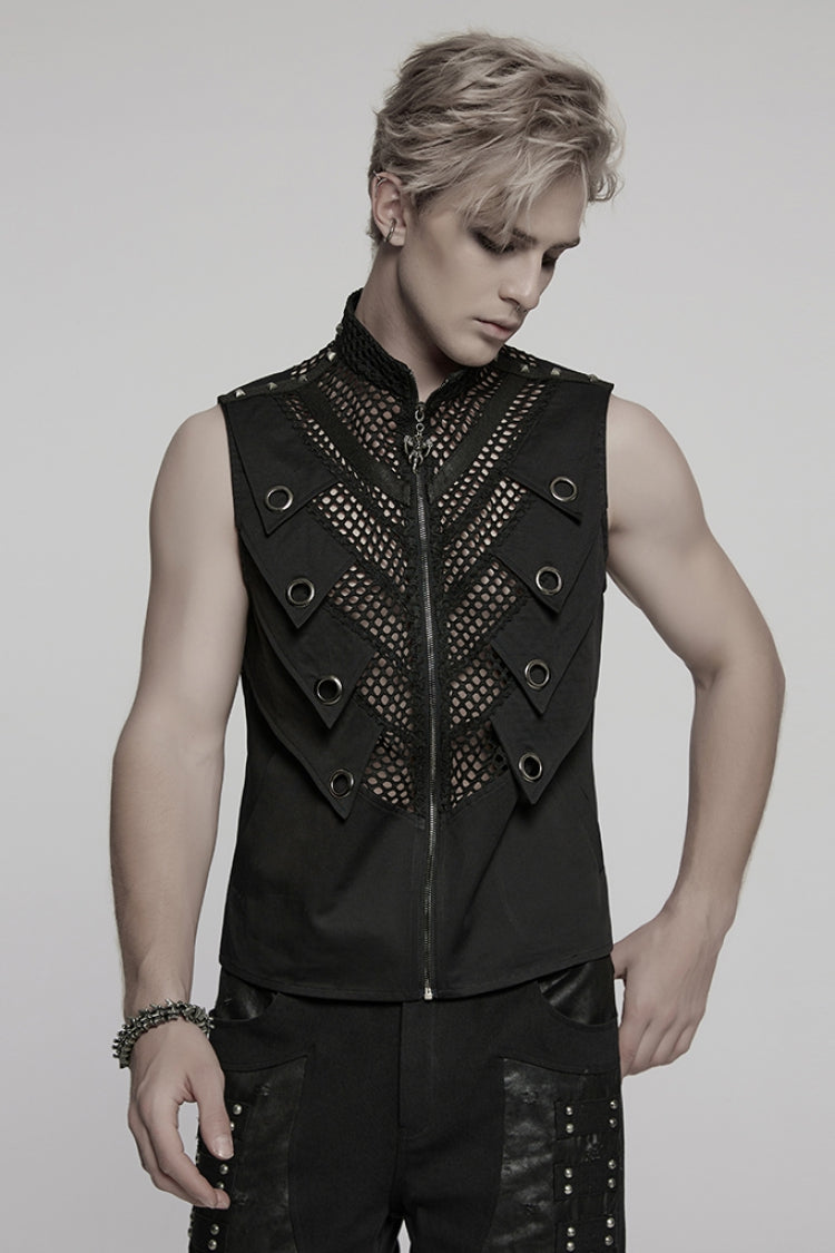 Men's Black Mesh Punk Vest, Stitched High Collar