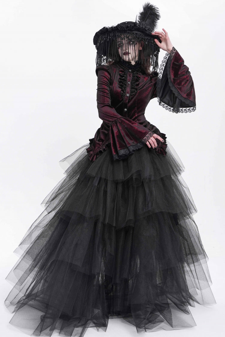 Crimson High-Neck Gothic Ruffled Blouse with Flared Sleeves and Tail Hem