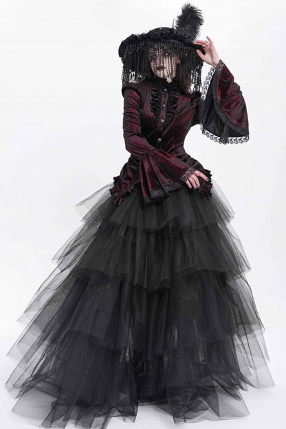 Crimson High-Neck Gothic Ruffled Blouse with Flared Sleeves and Tail Hem