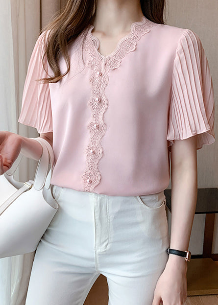 Patchwork Summer Chiffon Italian Nail Bead Shirt Top Lace Pink