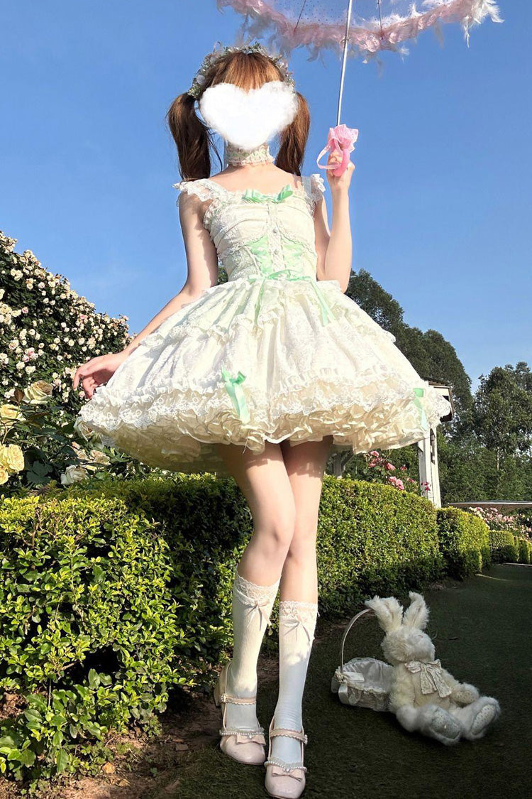 Emerald Leiffu Sleeveless Ruffle Bow Lace-Up Ballet JSK Dress