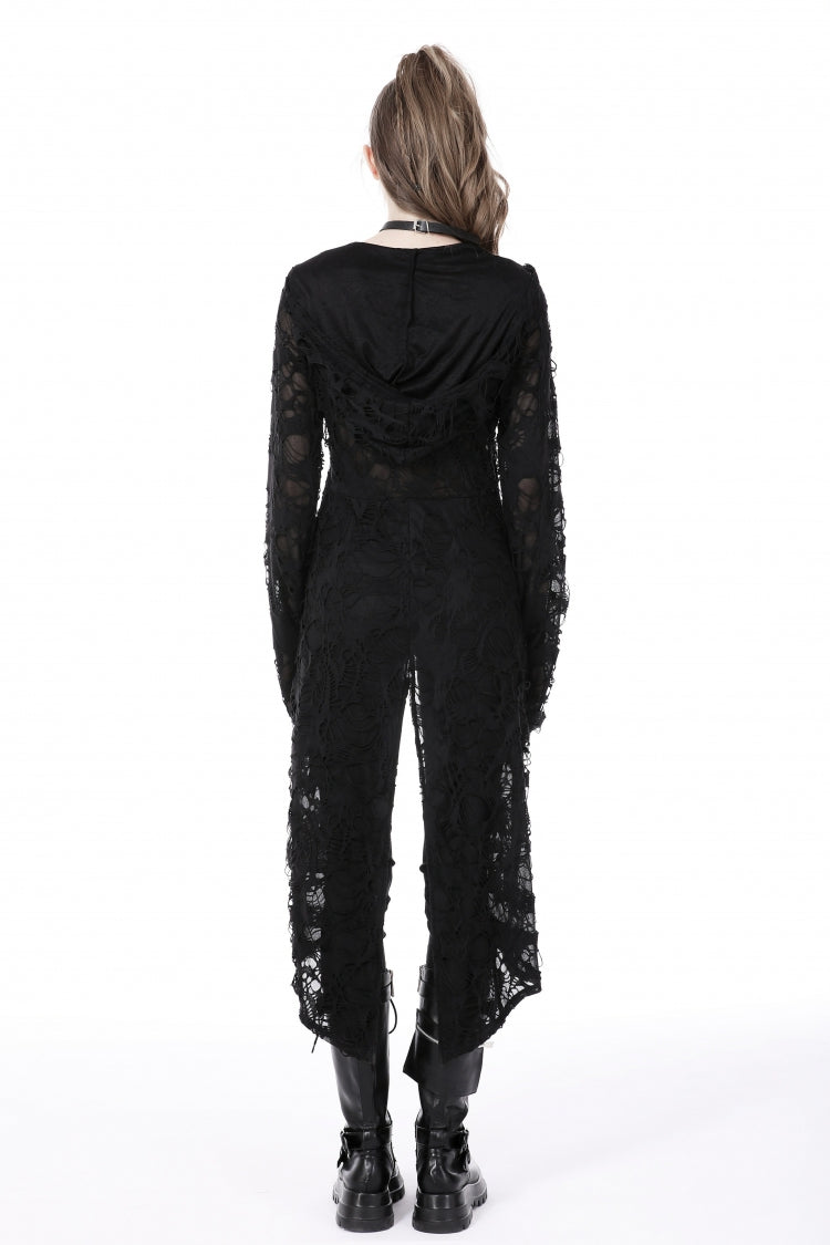 Ebony Long-Sleeve Ripped Zip Punk Long Hooded Coat